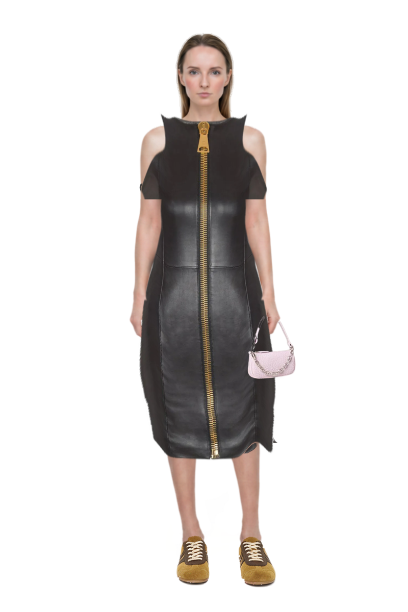 Outfit suede sneakers and short-sleeveless lambskin dress