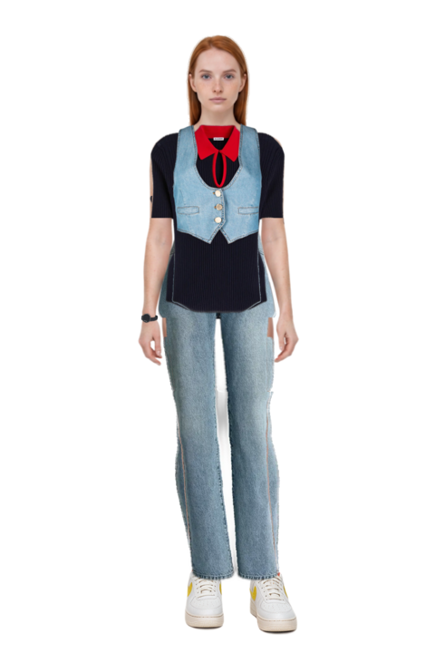 Outfit ribbed lightweight wool sweater and straight-leg faded denim jeans