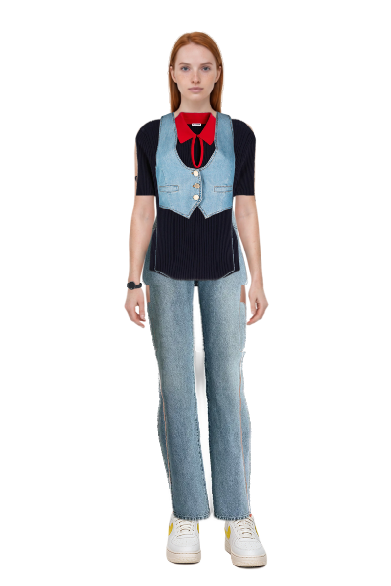 Outfit ribbed lightweight wool sweater and straight-leg faded denim jeans