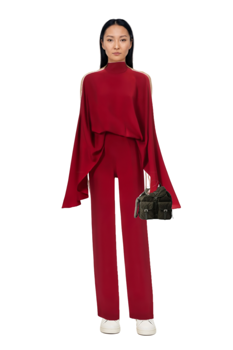 Outfit eolia cape jumpsuit and medium quilted re-nylon backpack with saffiano leather trim