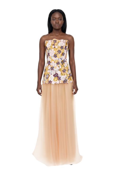 Outfit fame leather pumps and thia floral-embroidered strapless maxi dress