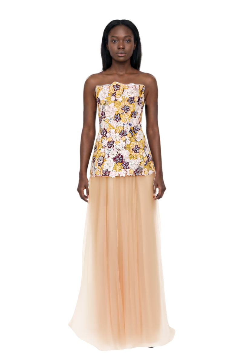Outfit fame leather pumps and thia floral-embroidered strapless maxi dress