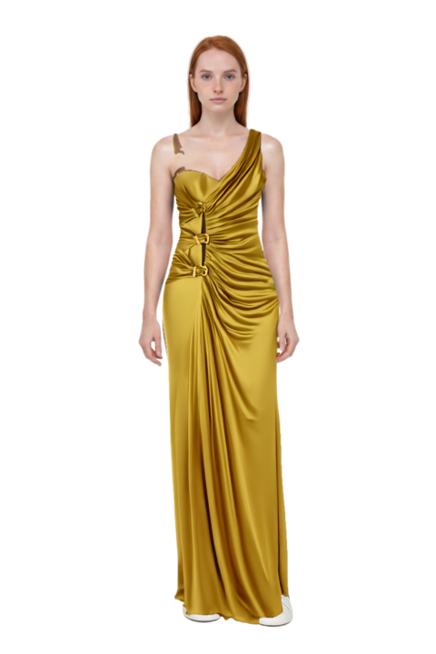 Outfit ruched evening gown and 23 sneakers