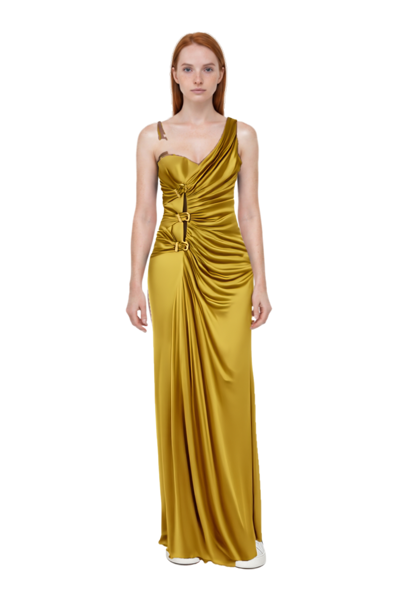 Outfit ruched evening gown and 23 sneakers