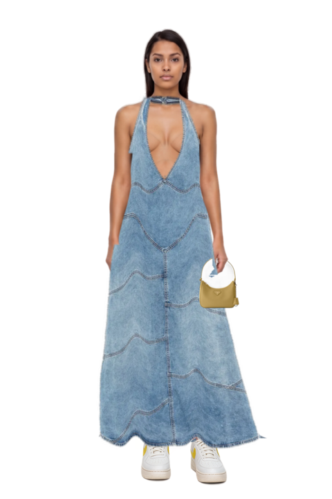 Outfit delphi pieced halter midi dress and re-edition 2005 saffiano leather mini-bag