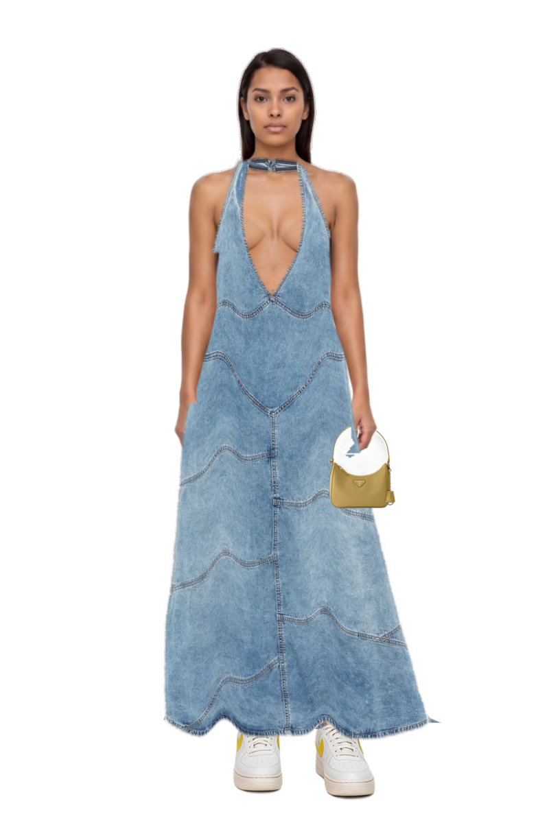 Outfit delphi pieced halter midi dress and re-edition 2005 saffiano leather mini-bag