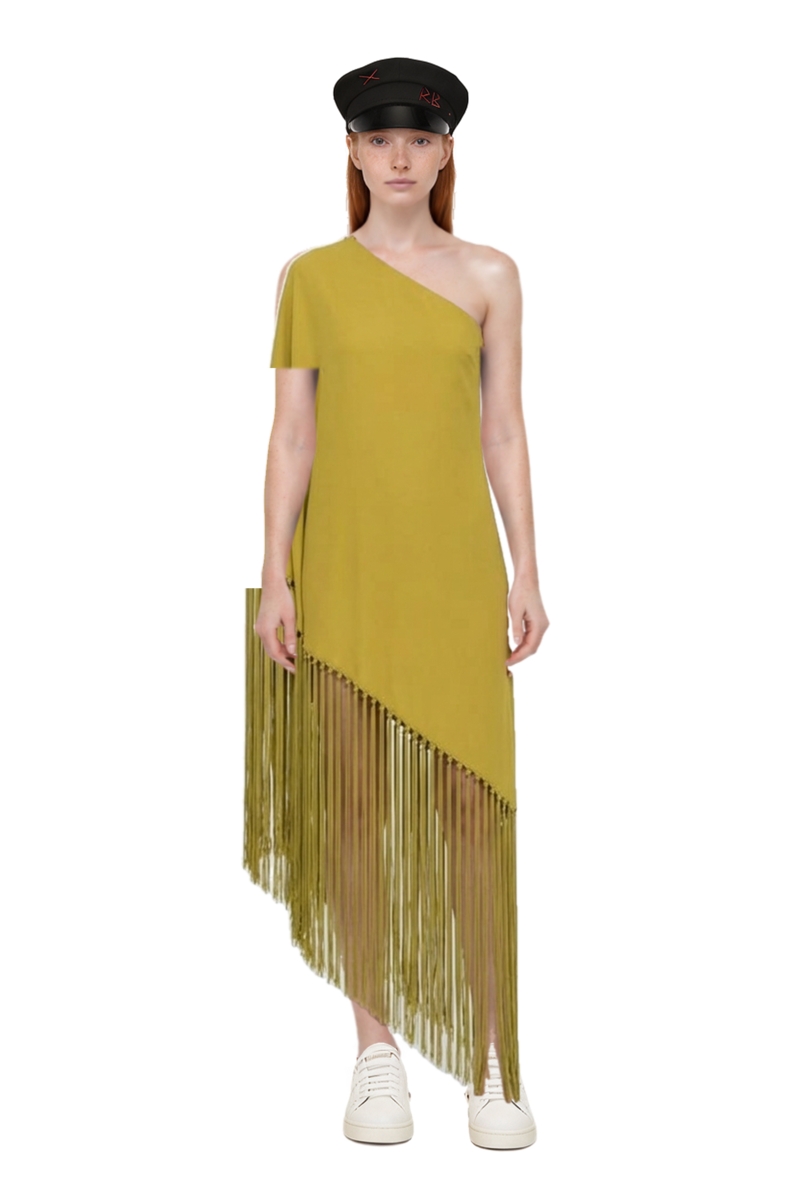 Outfit gunilla fringed one-shoulder dress and 23 cap