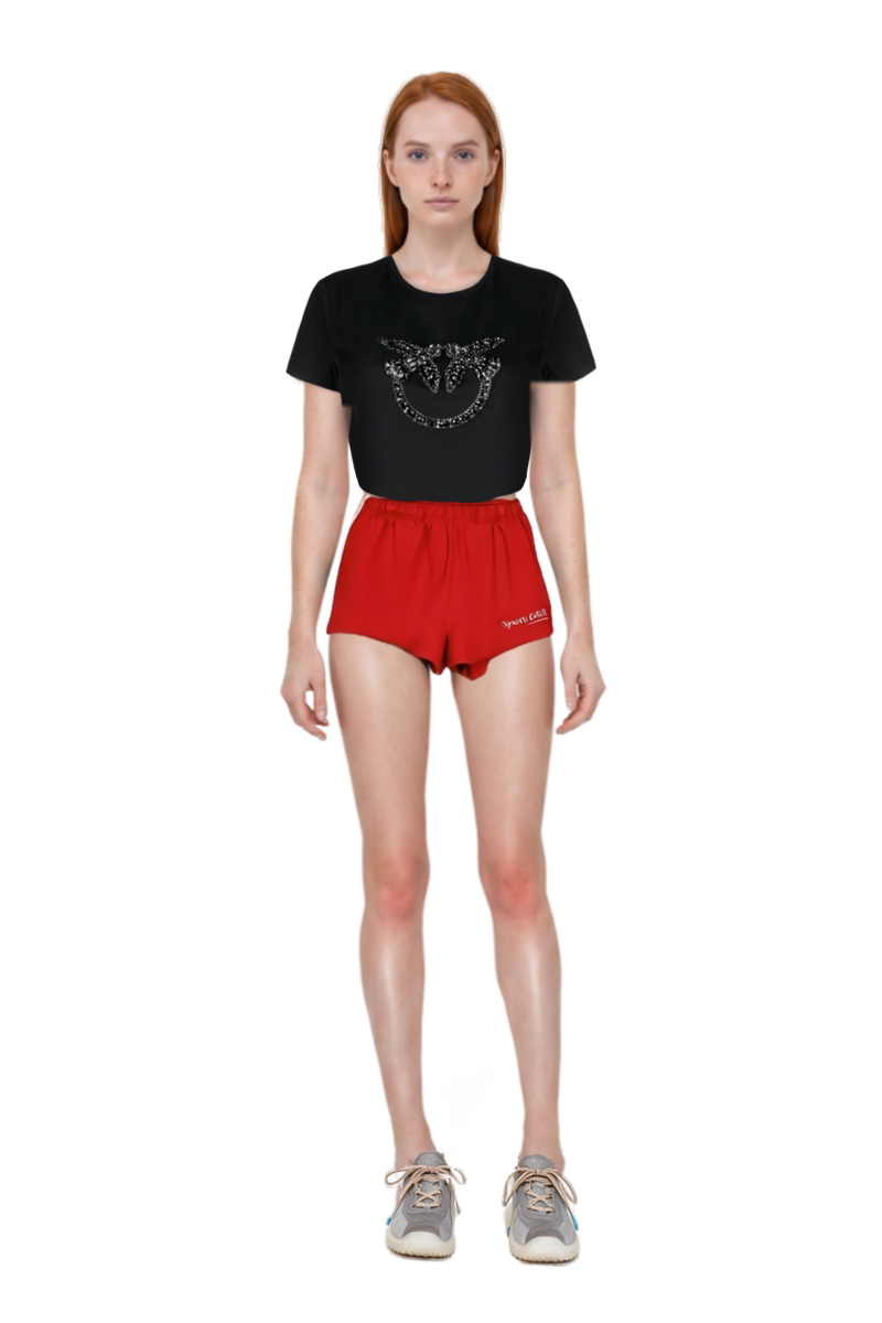 Outfit bubble technical fabric and suede sneakers and logo-print cotton shorts
