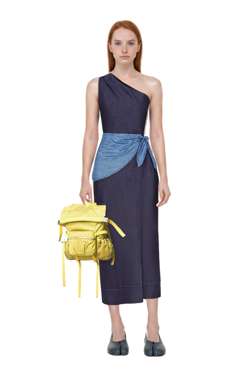 Outfit belem chambray one-shoulder midi dress and tabi ballet flats