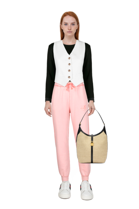 Outfit pinko waistcoat and siena raffia tote bag