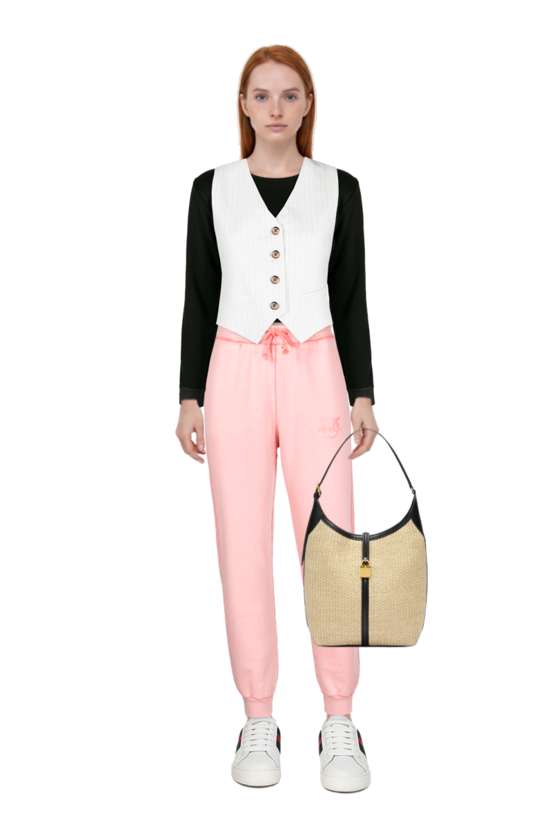 Outfit pinko waistcoat and siena raffia tote bag