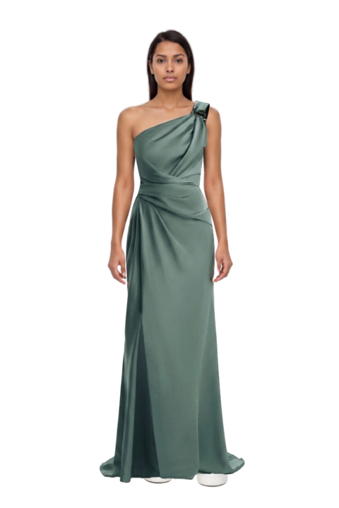 Outfit one-shoulder satin maxi dress and 23 sneakers