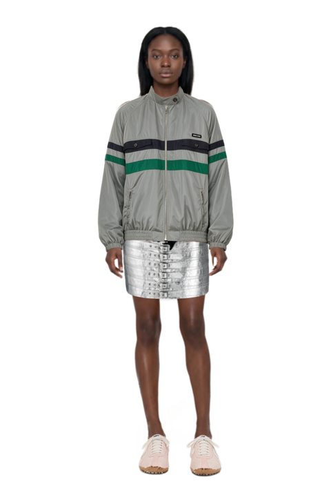 Outfit technical silk blouson jacket and x jacquemus moon shoe sneakers