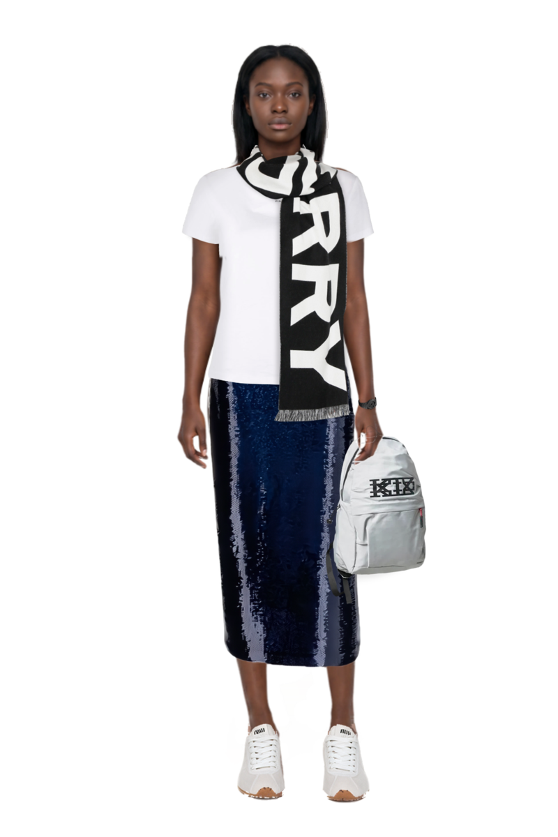 Outfit sequin-embellished pencil skirt and plume mesh fabric sneakers