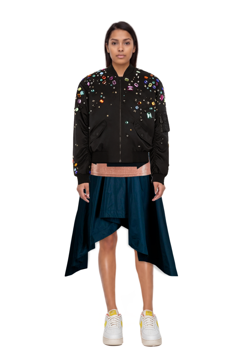 Outfit embellished bomber jacket and air force 1 '07 lx "white/phantom/pearl white/yell" sneakers