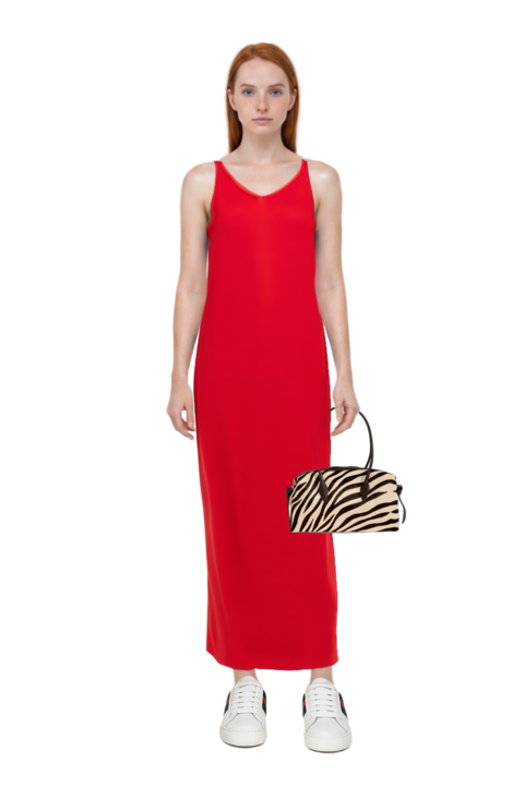 Outfit asymmetric sleeveless dress and brioche duffle zebra-print shoulder bag