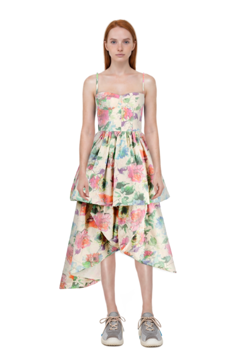 Outfit bubble technical fabric and suede sneakers and pinko sundress
