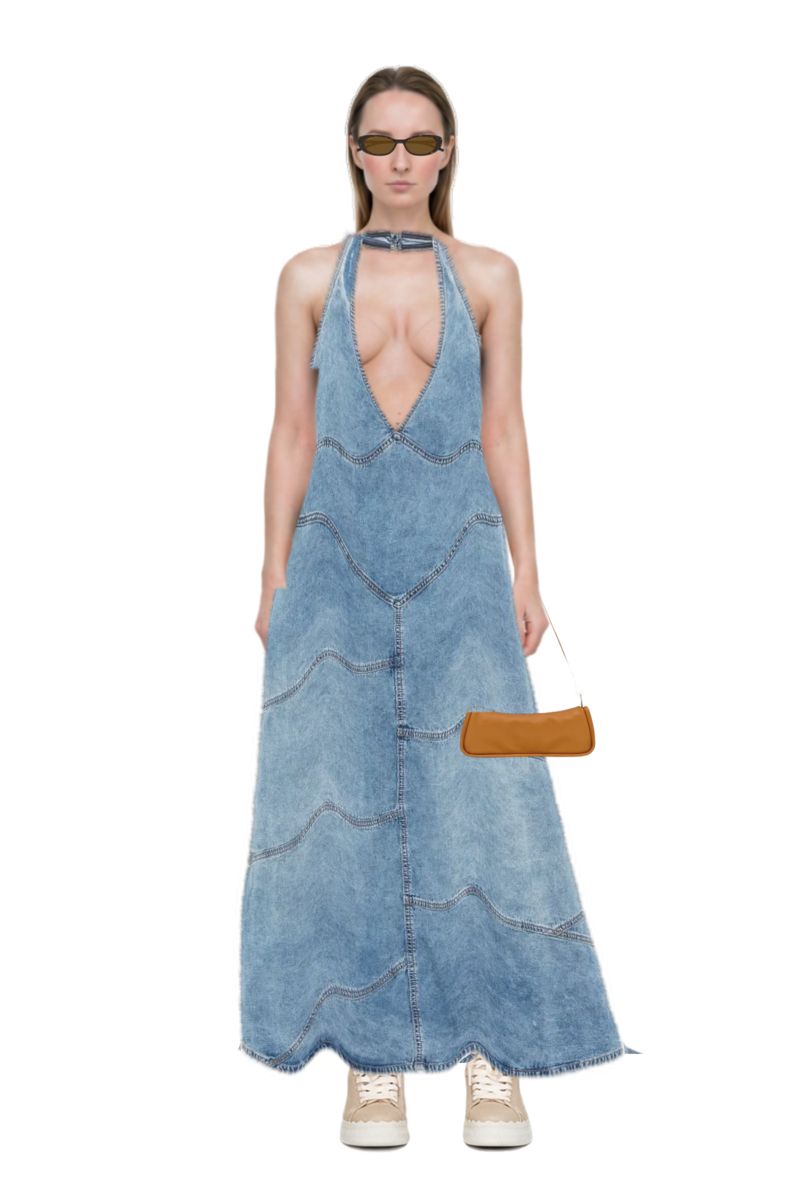 Outfit delphi pieced halter midi dress and looong m shoulder bag