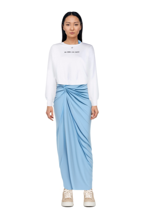 Outfit canoa one-shoulder knot maxi dress and pinko sweatshirt