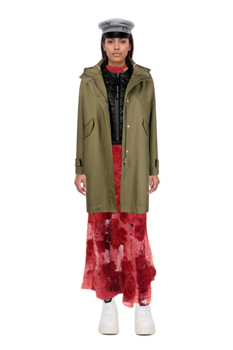 Outfit mab floral lace maxi dress and pinko parka