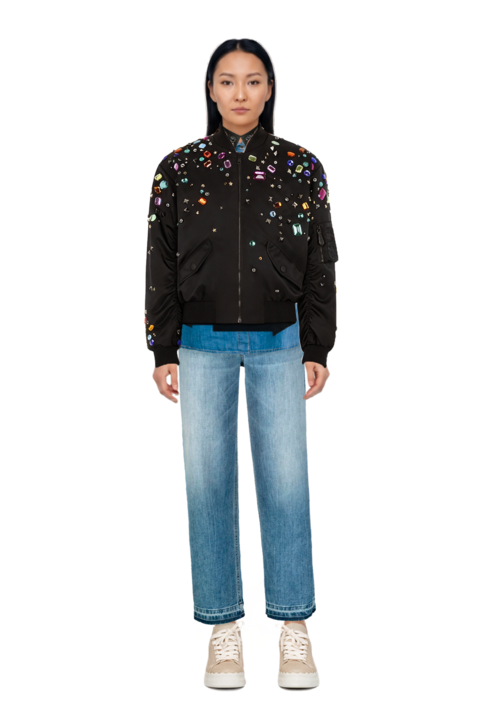 Outfit pinko necklace and embellished bomber jacket