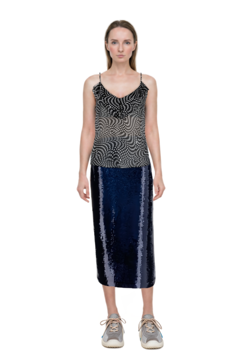 Outfit bubble technical fabric and suede sneakers and sequin-embellished pencil skirt