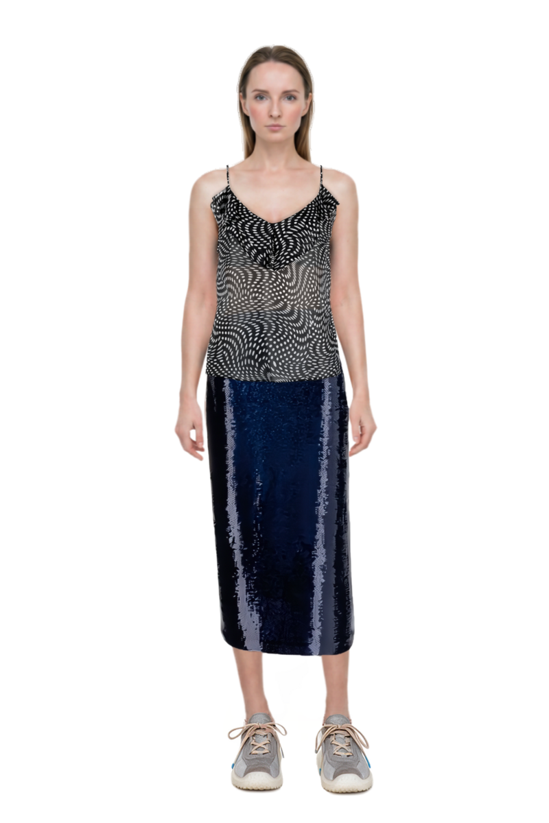 Outfit bubble technical fabric and suede sneakers and sequin-embellished pencil skirt