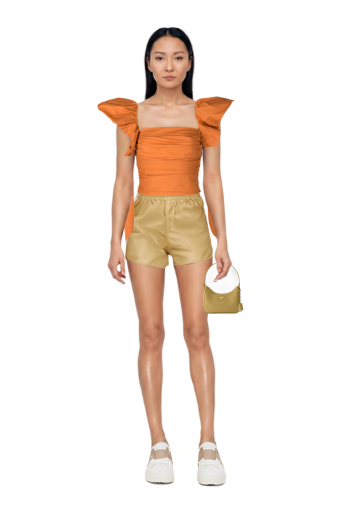 Outfit re-edition 2005 saffiano leather mini-bag and nylon shorts