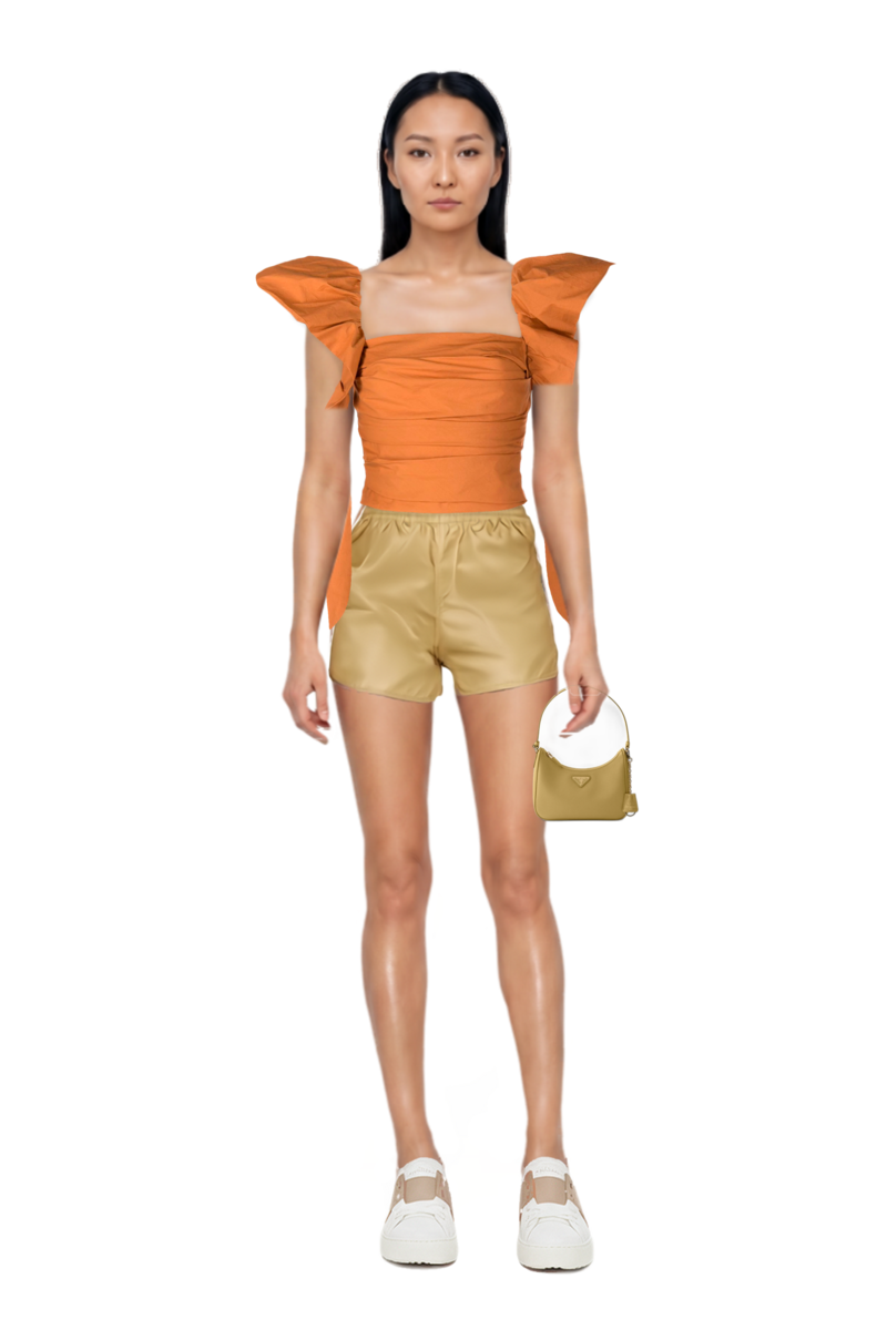 Outfit re-edition 2005 saffiano leather mini-bag and nylon shorts