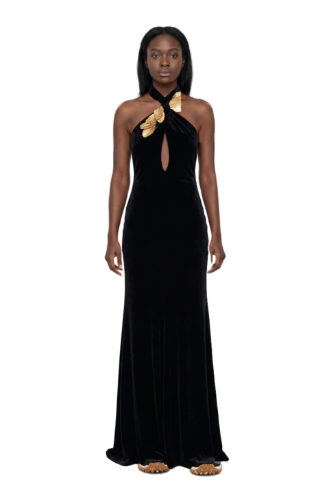 Outfit mesh mirage sneakers and leaf-embellishment velvet gown