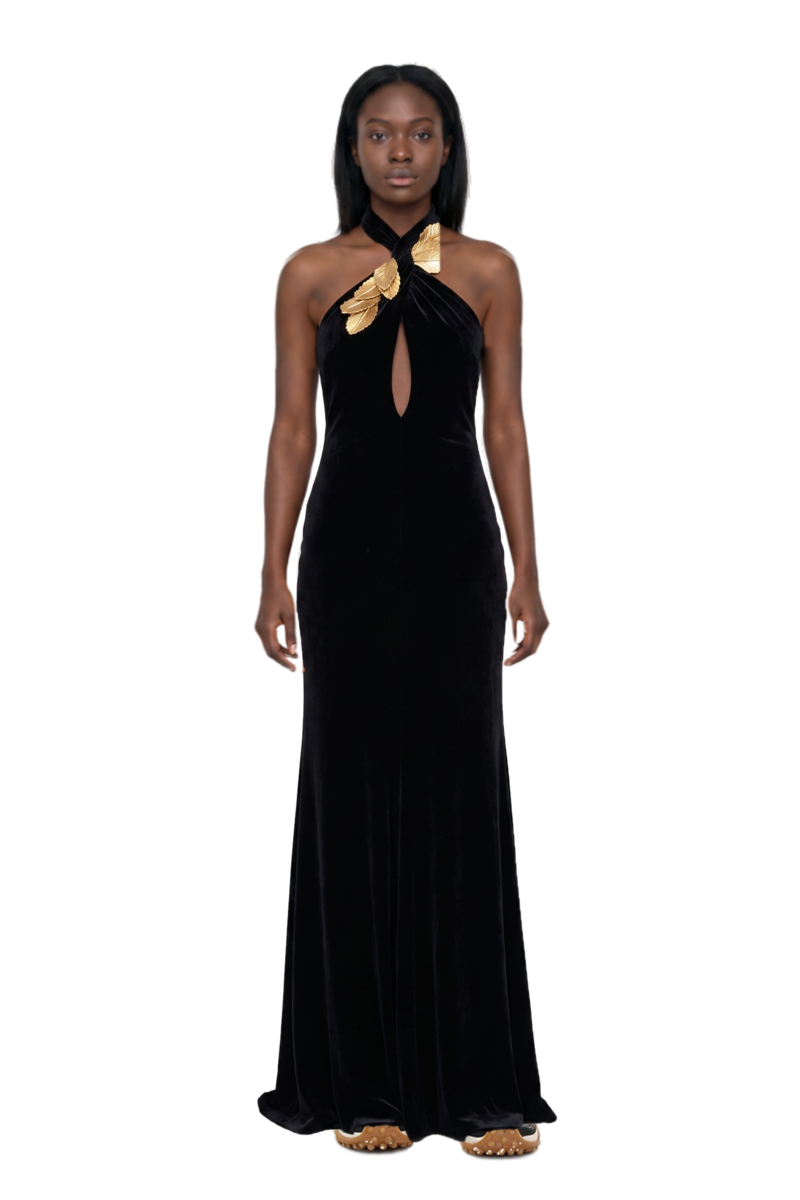 Outfit mesh mirage sneakers and leaf-embellishment velvet gown