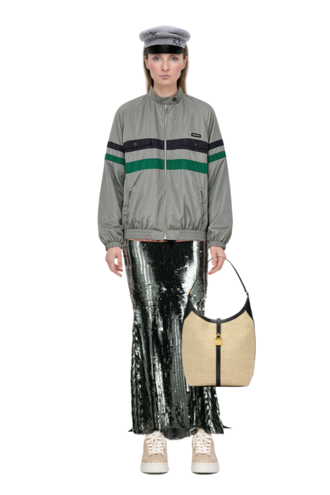 Outfit siena raffia tote bag and sequinned maxi skirt