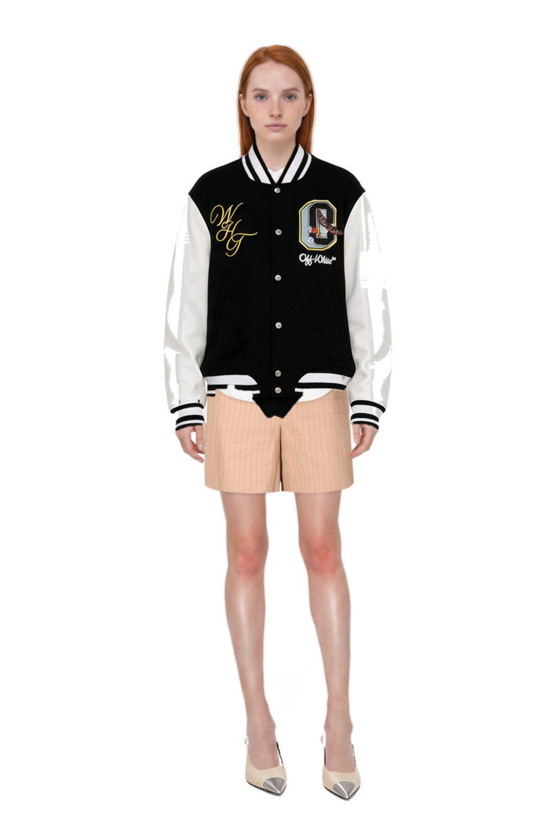 Outfit crystal-embellished bomber jacket and cassandre-plaque pumps