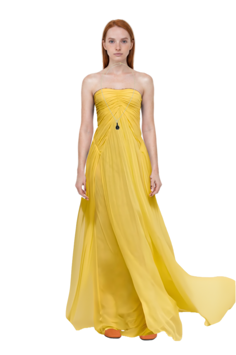Outfit drop-pendant necklace and ritz gathered gown