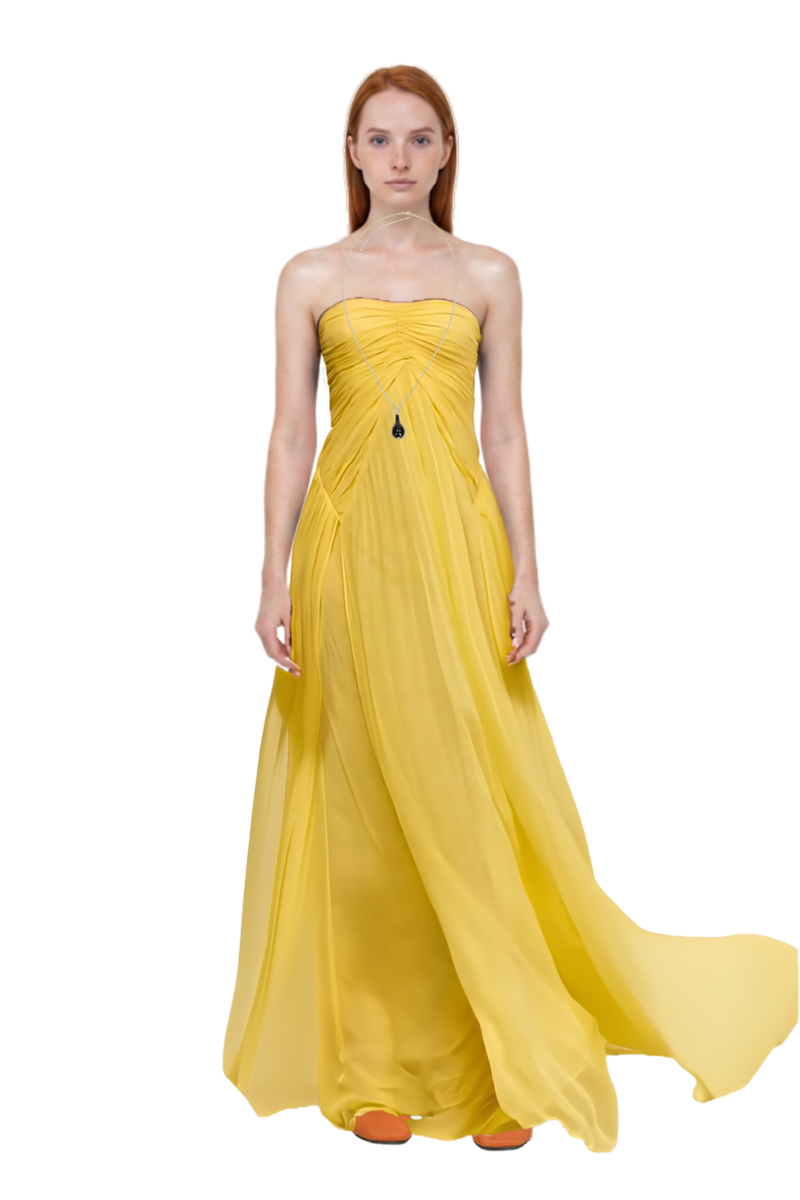 Outfit drop-pendant necklace and ritz gathered gown