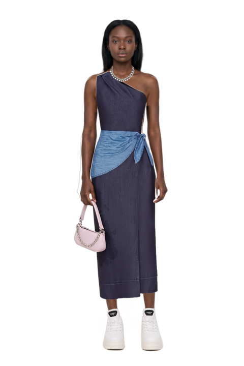 Outfit belem chambray one-shoulder midi dress and 23 bag