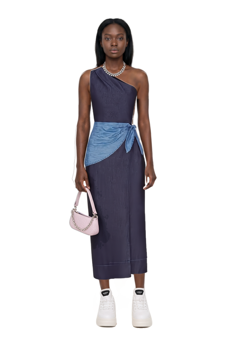 Outfit belem chambray one-shoulder midi dress and 23 bag