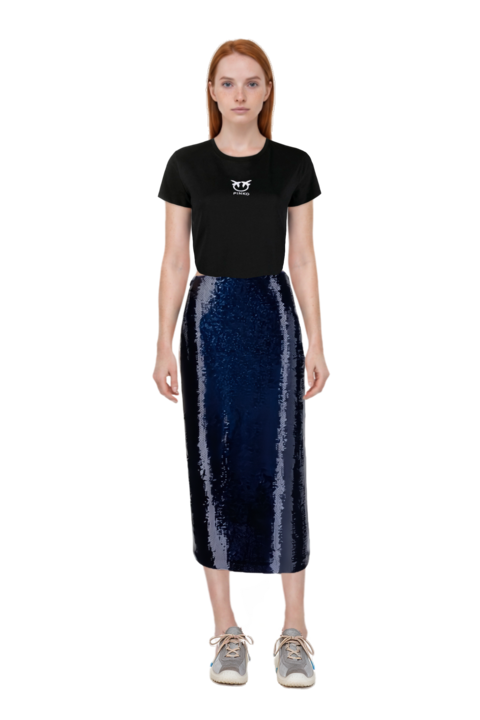Outfit bubble technical fabric and suede sneakers and sequin-embellished pencil skirt