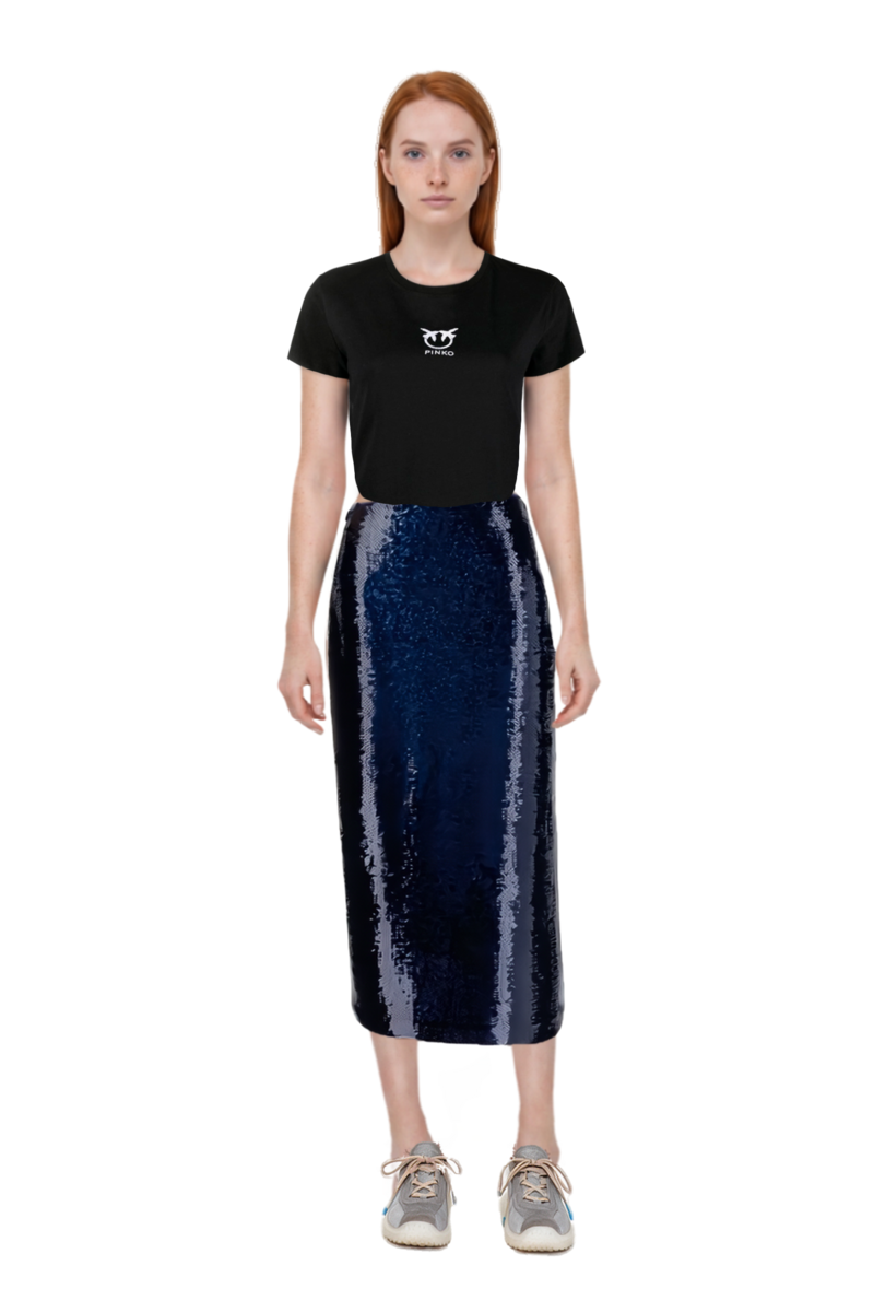 Outfit bubble technical fabric and suede sneakers and sequin-embellished pencil skirt