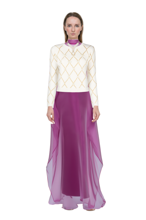 Outfit sphinx high-neck kaftan dress and plume mesh fabric sneakers