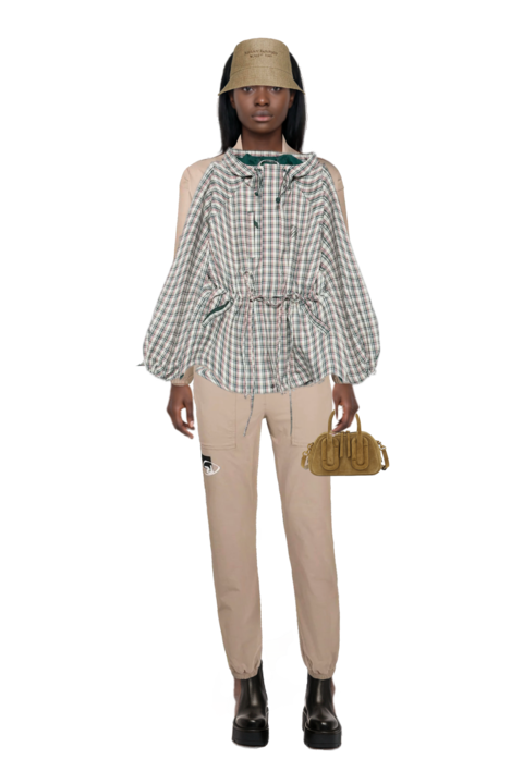 Outfit liu check drawstring raincoat and babe top-handle in suede