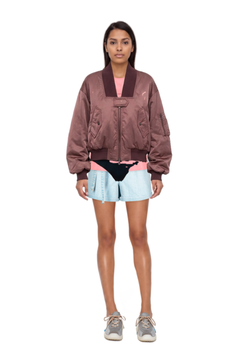Outfit ribbed-trim zip-up bomber jacket and bubble technical fabric and suede sneakers