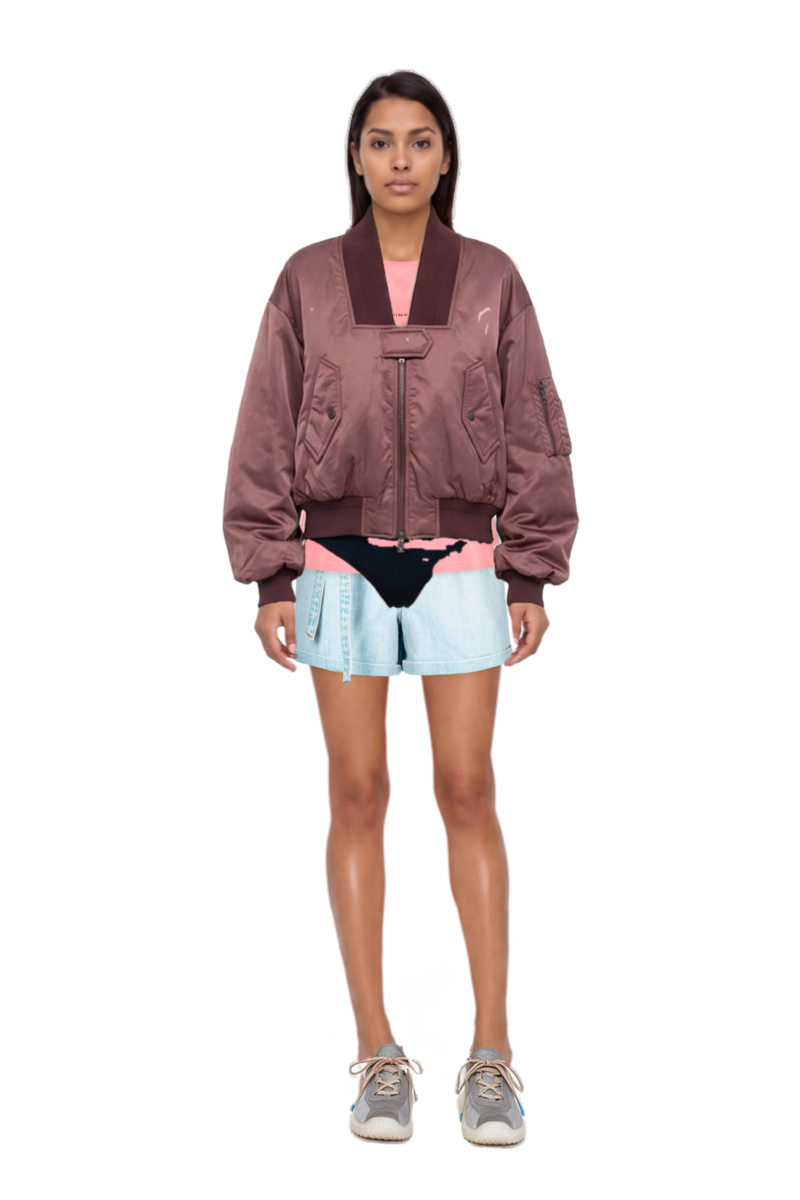 Outfit ribbed-trim zip-up bomber jacket and bubble technical fabric and suede sneakers