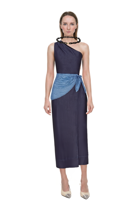 Outfit belem chambray one-shoulder midi dress and cassandre-plaque pumps