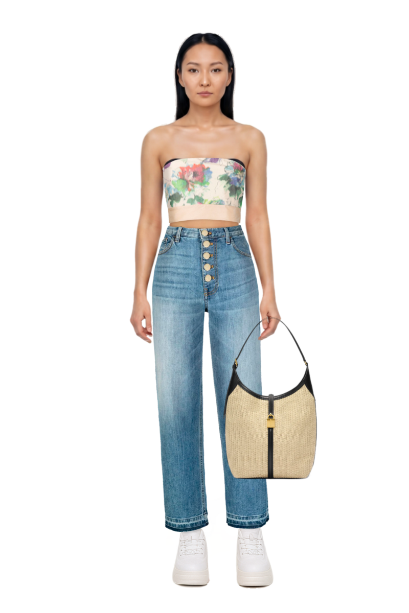 Outfit siena raffia tote bag and pinko top