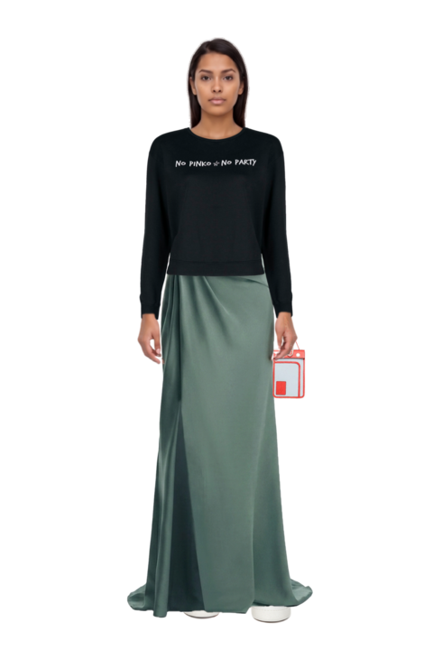 Outfit one-shoulder satin maxi dress and pinko sweatshirt