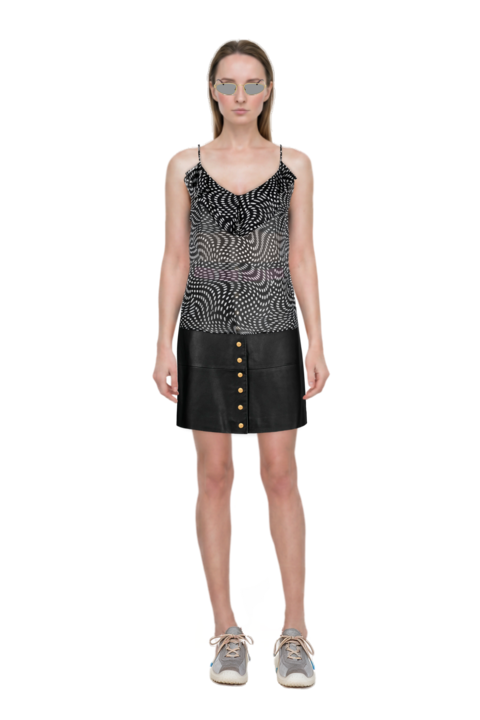 Outfit bubble technical fabric and suede sneakers and oval-frame sunglasses