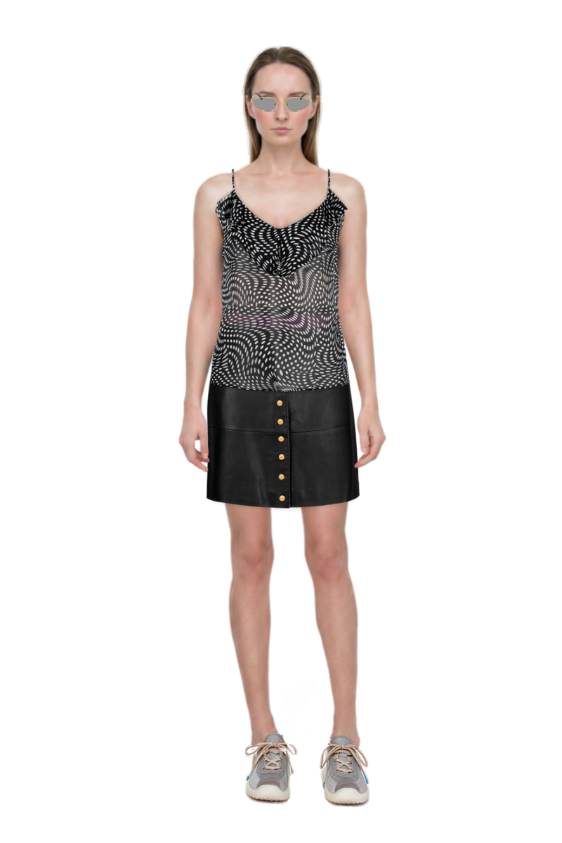 Outfit bubble technical fabric and suede sneakers and oval-frame sunglasses