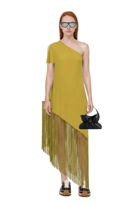 Outfit gunilla fringed one-shoulder dress and sphynx medium bag in smooth leather