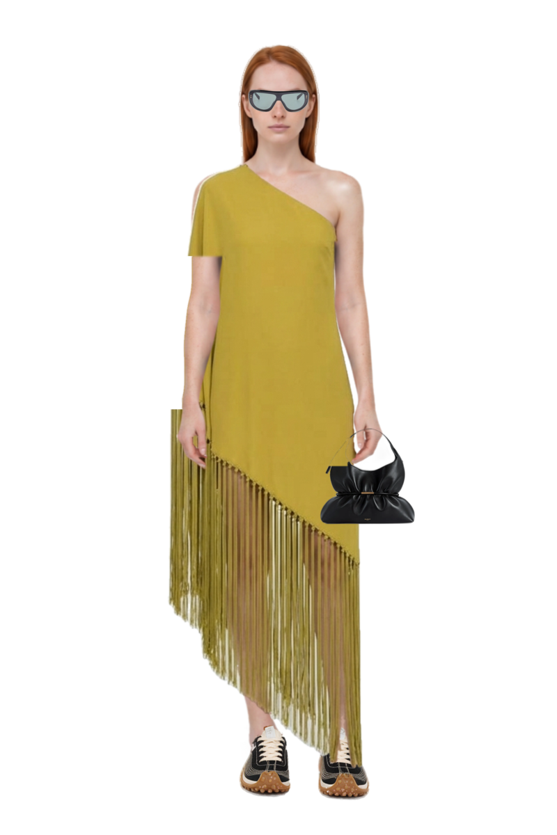 Outfit gunilla fringed one-shoulder dress and sphynx medium bag in smooth leather